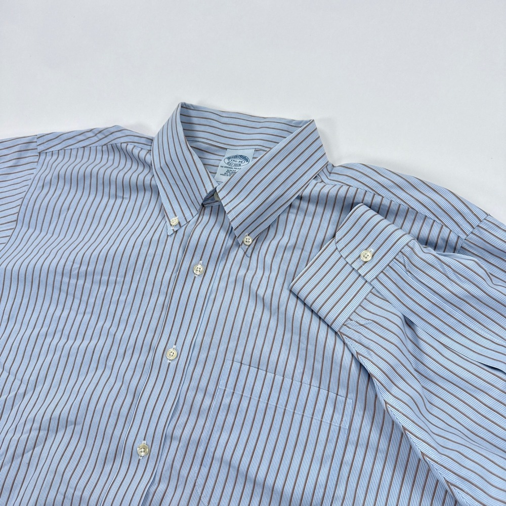 Brooks Brothers Mens Shirt 17.5 34 Blue Brown Stripe Slim Fit Non Iron Preppy